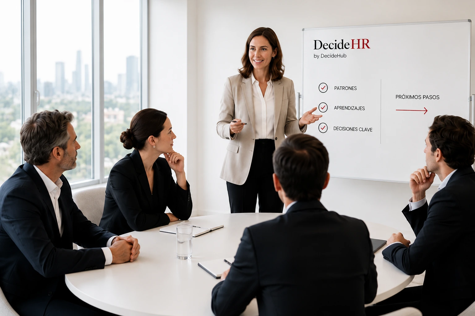Facilitadora guiando una experiencia de decisión estratégica